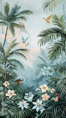 Illustration of tropical wallpaper print design with palm leaves  monstera leaves  birds and texture. Exotic plants and birds on textured background. AI generated illustration