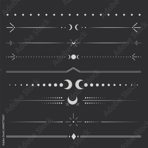 Silver celestial divider thin line border decoration. Collection tribal with moon, stars and arrows mystical separators. Modern ornament minimal set isolated on dark background.