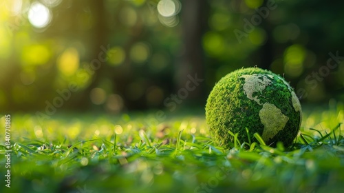 Close-up of globe made of natural green grass on grass in forest  Earth Day and environment protection theme  minimalistic with large copy space