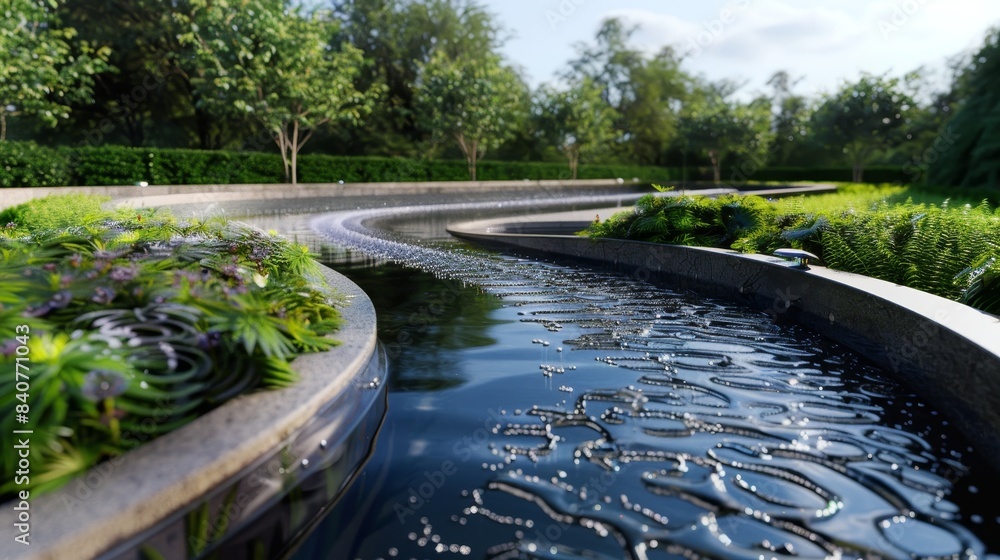 Close-up view of a water recycling landscape, capturing storm water, rain water, and waste water, with a focus on sustainable reuse, photorealistic design