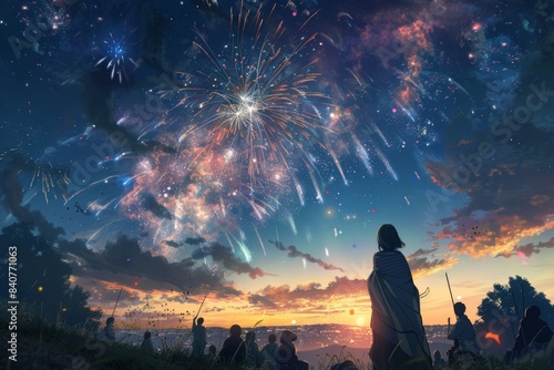 Spectacular Night Sky Fireworks Display with Awe-Inspired Silhouetted Observers on a Hilltop photo
