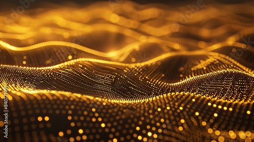 Abstract golden tech luxury background with glowing particles, depth of field, bokeh, and motion, forming lines and a 3D topography grid, minimalistic design
