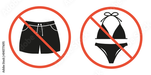 Prohibition sign of Woman and Man Underwear. Forbidden Enter in Bikini, Swimsuit or shorts. Warning Red Stop Circle Symbol for entrance door