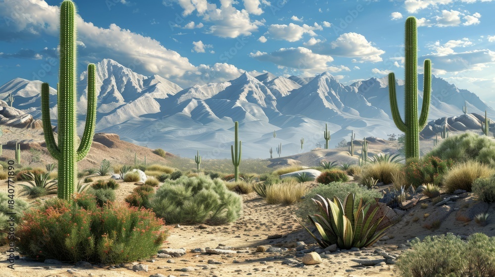 A stunning desert landscape with majestic mountains and vibrant cacti hyper realistic A stunning desert landscape with majestic mountains and vibrant cacti hyper realistic