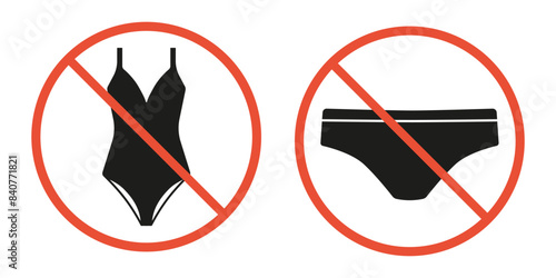 Prohibition sign of Woman and Man Underwear. Forbidden Enter in Bikini, Swimsuit or shorts. Warning Red Stop Circle Symbol for entrance door