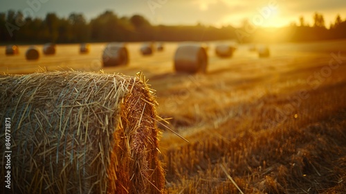 Closeup view of dry crop hay bale in farm land field with golden warm sunlight