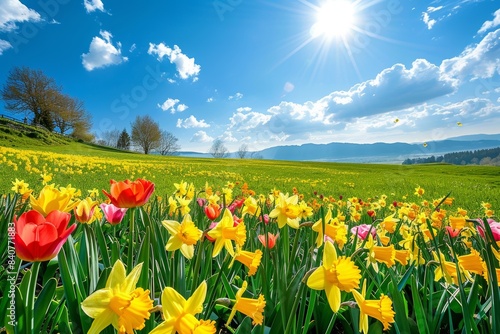 Serene Spring Landscape with Vibrant Daffodils and Tulips in Full Bloom Under a Bright Sunny Sky