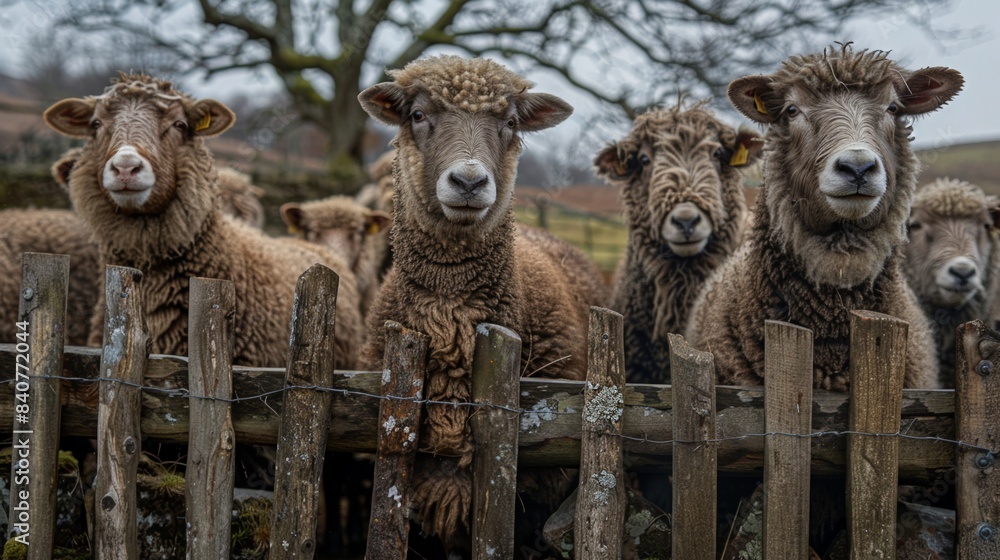 Obraz premium Sheep behind wooden fense in a farm