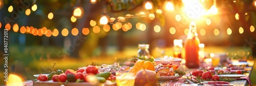 Vibrant and festive summer picnic scene at sunset,with a table laden with colorful fruits,vegetables,and other delectable treats,surrounded by twinkling string lights and a cozy. photo