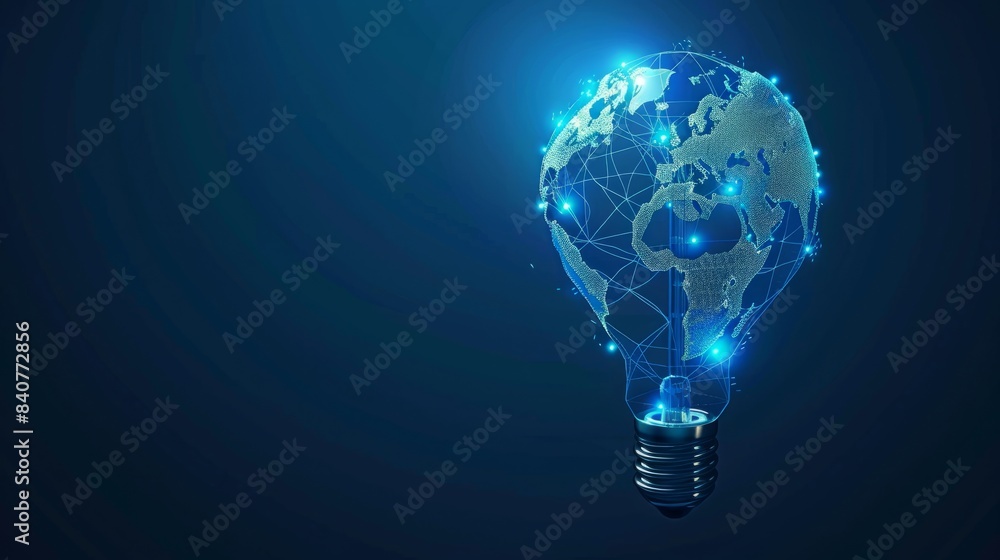 Abstract blue light bulb with planet earth inside. Earth hour ecology concept. Low poly style design with wireframe light connection structure. hyper realistic Abstract blue light bulb with planet earth inside. Earth hour ecology concept. Low poly style design with wireframe light connection structure. hyper realistic