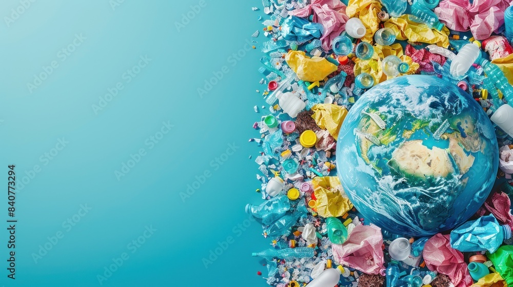 Planet with plastic waste on half side Planet with plastic waste on half side