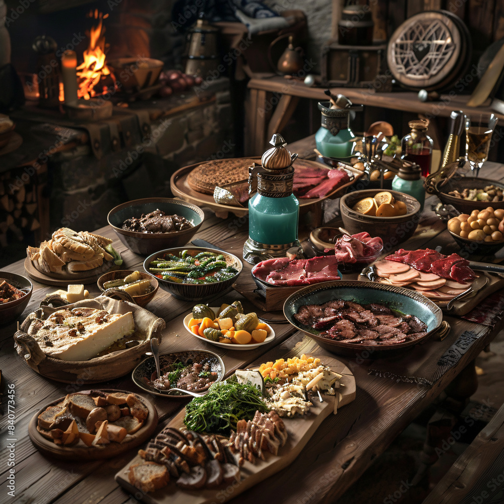 Viking Style Feast with Meat, Fish, Cheese, Bread, and Potatoes on Wooden Ship Viking Style Feast with Meat, Fish, Cheese, Bread, and Potatoes on Wooden Ship