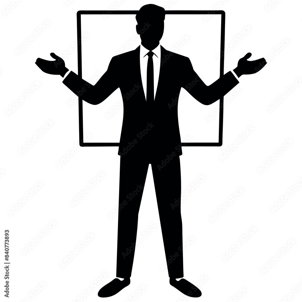 a good-looking businessman standing with a whiteboard, showcasing different poses with hands a good-looking businessman standing with a whiteboard, showcasing different poses with hands