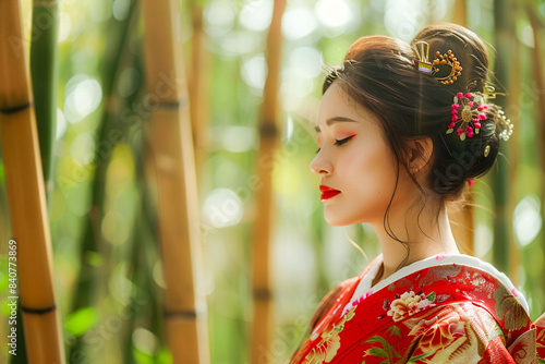 Elegant geisha in a bamboo forest, offering a serene photo