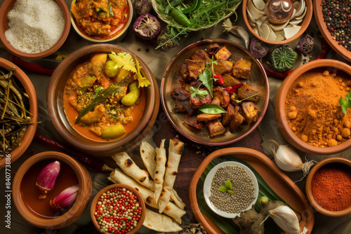 Traditional Indian Cuisine with Various Curries and Fresh Ingredients © PixelGallery