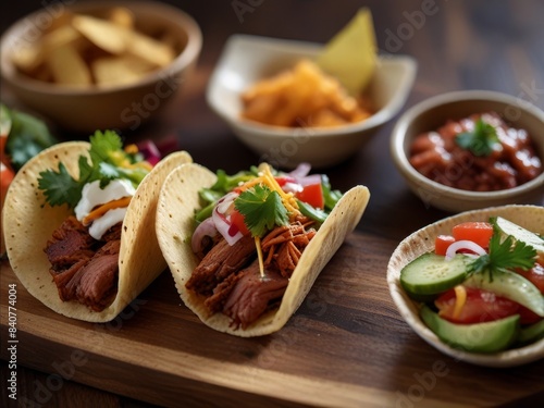 Featuring an assortment of mini tacos filled with a variety of meats, vegetables, and toppings