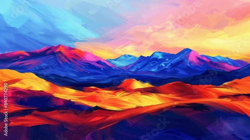 Abstract vivid colors landscape of desert mountains, dunes and sand. Colorful bright colors. Illustration, Generative AI. hyper realistic 