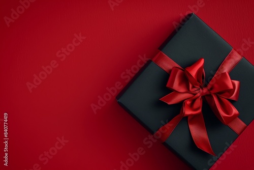 Red background, a gift box with a red ribbon on the right side of the picture  © Cetin