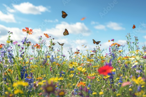 Vibrant Wildflower Field with Diverse Blooms and Butterflies Under Clear Blue Sky