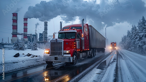 A red semi-trailer drives along a wet winter road against the backdrop of industrial chimneys emitting steam under a cloudy evening sky.