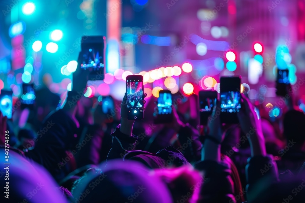 Vibrant Night Festival with Crowd and Colorful Lights Capturing Moments on Phones - Perfect for Event Promotion Vibrant Night Festival with Crowd and Colorful Lights Capturing Moments on Phones - Perfect for Event Promotion