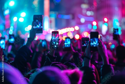 Vibrant Night Festival with Crowd and Colorful Lights Capturing Moments on Phones - Perfect for Event Promotion © spyrakot
