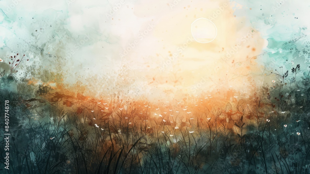 AI Generated. AI Generative. Watercolor ink drawing painting field meadow sun nature outdoor landscape background. Graphic Art hyper realistic AI Generated. AI Generative. Watercolor ink drawing painting field meadow sun nature outdoor landscape background. Graphic Art hyper realistic