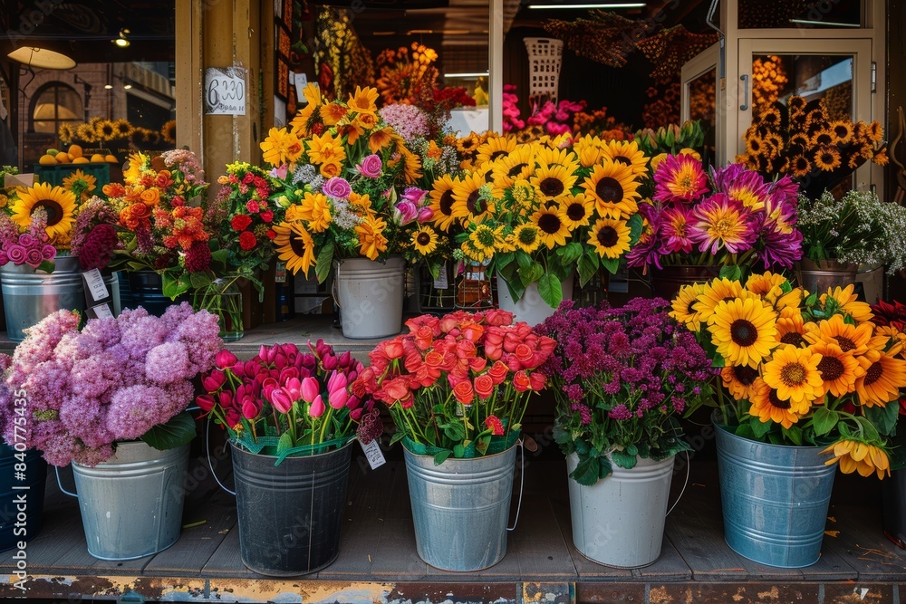 Vibrant Market Stall with Fresh Sunflowers, Tulips, and Roses for a Lively Floral Display Vibrant Market Stall with Fresh Sunflowers, Tulips, and Roses for a Lively Floral Display