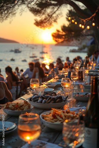 Mediterranean dinner with sea view. A glass of wine, mussels, and other snacks. Romantic evening