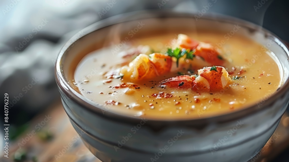 A tight shot of a bowl brimming with broth Croutons float atop, steamed steam escapes from within A tight shot of a bowl brimming with broth Croutons float atop, steamed steam escapes from within