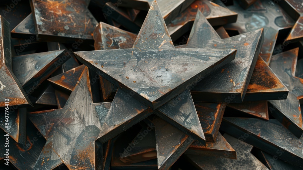 A pile of rusty metal stars stacked on top of one another Each pile consists of rusty metal stars atop more rusty metal stars A pile of rusty metal stars stacked on top of one another Each pile consists of rusty metal stars atop more rusty metal stars