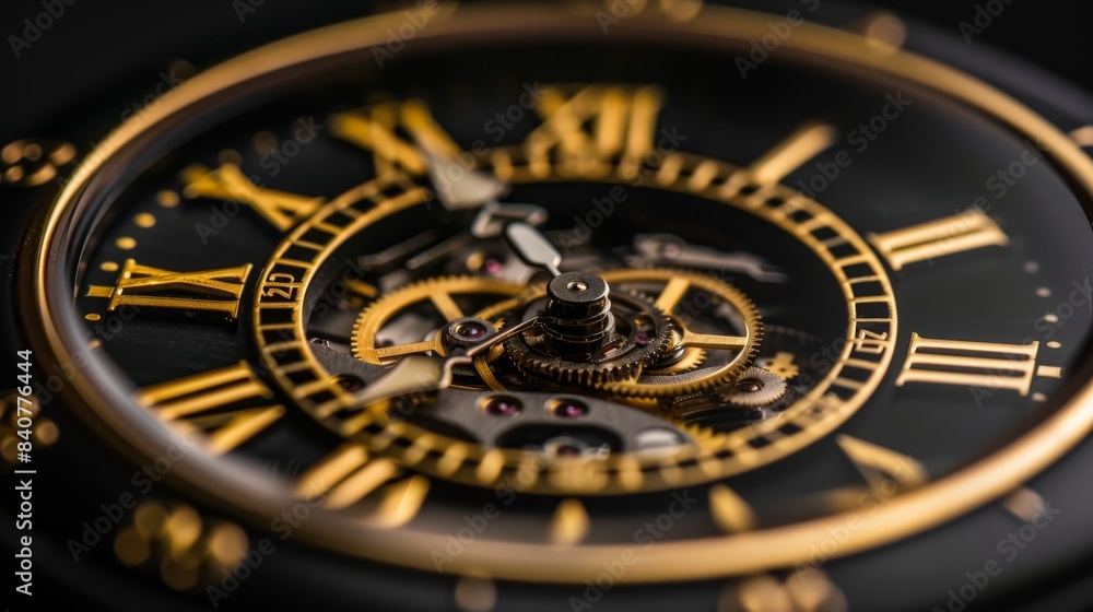 Close-up of a golden Roman numeral clock against a black background The clock's face is black, while its hands are golden Close-up of a golden Roman numeral clock against a black background The clock's face is black, while its hands are golden