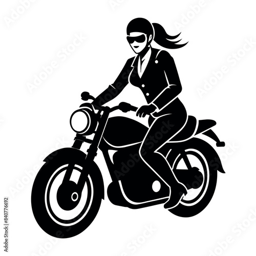 a modern lady biker ride a motor cycle full speed on the road, vector silhouette