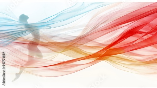 A red, white, and blue smoke swirls above a white background A person stands in the image's center Red, blue, and red smoke swirls surround them