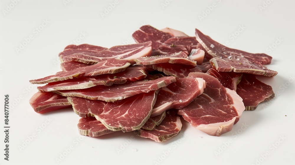 Obraz premium Raw Steak Slices in Light Pink and Maroon on White Background