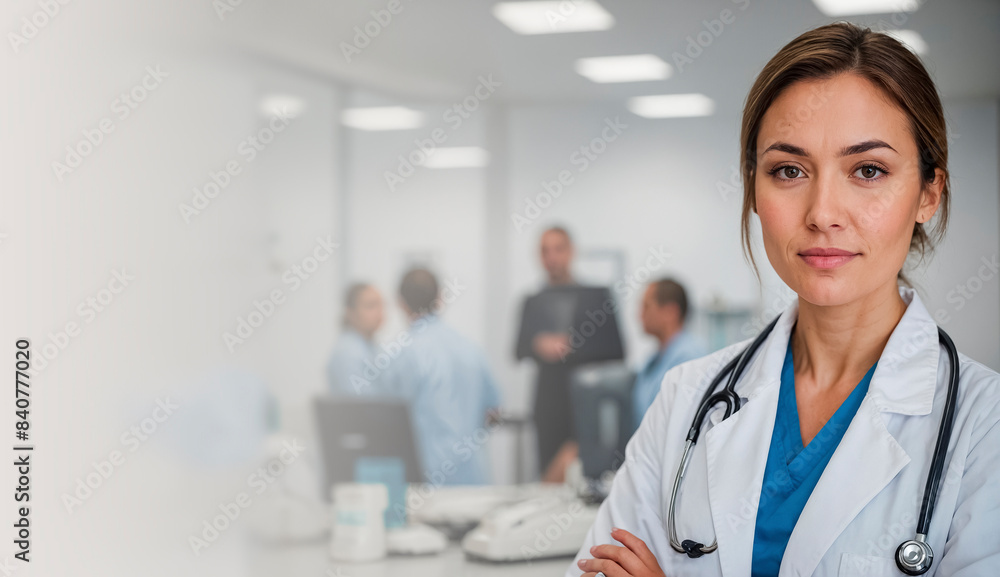 Young woman doctor in a white coat with a stratoscope. Background with copy space Young woman doctor in a white coat with a stratoscope. Background with copy space