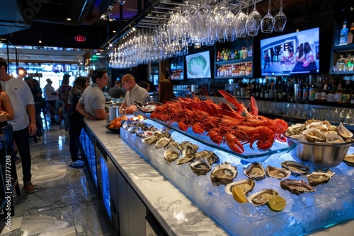 Stylish Seafood Bar with Fresh Oysters, Shrimp, Lobster Display for Modern Dining Experience photo