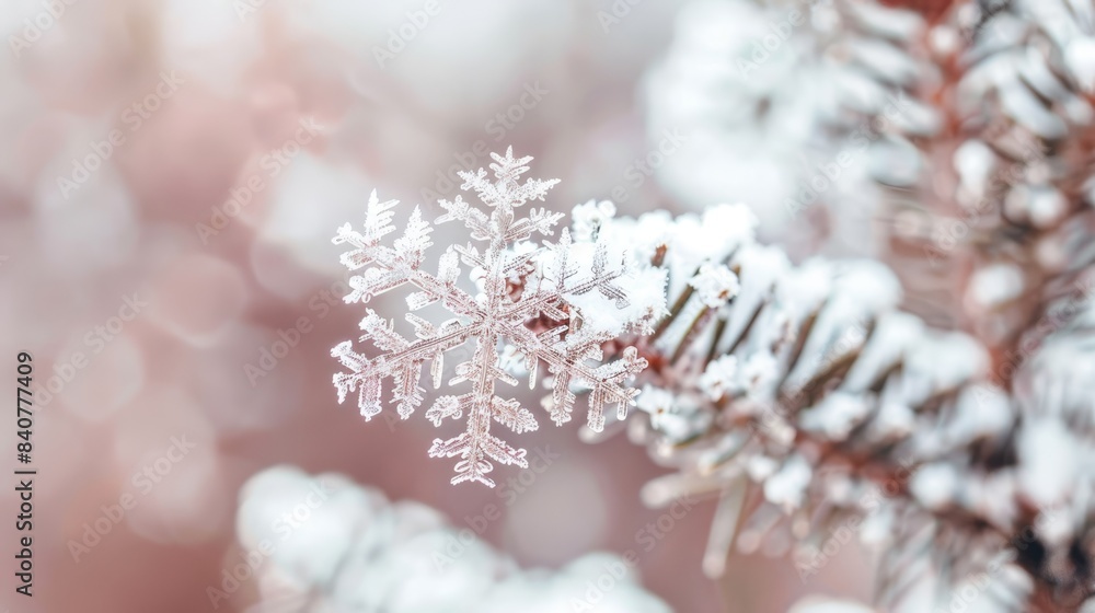 A tight shot of a snowflake on a tree branch, surrounded by a softly blurred foreground of falling snowflakes, and a gentle focus on the foreground detail A tight shot of a snowflake on a tree branch, surrounded by a softly blurred foreground of falling snowflakes, and a gentle focus on the foreground detail
