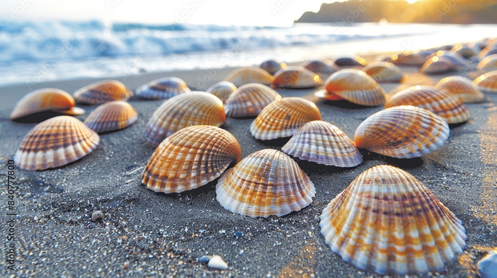 A multitude of seashells lie at the water's edge on a beach, as the sun sets A multitude of seashells lie at the water's edge on a beach, as the sun sets