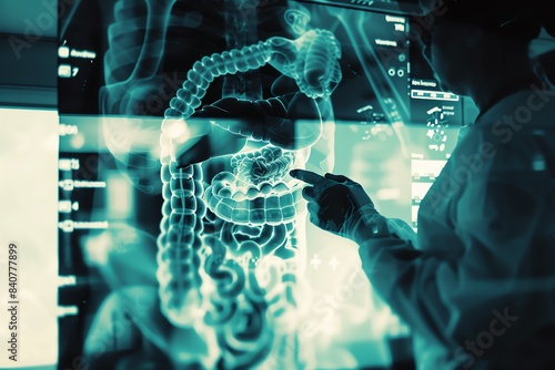 Medical professional examining digital X-ray image of human digestive system to diagnose gastrointestinal issues in modern healthcare facility.