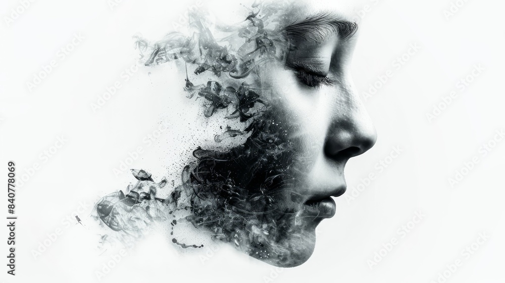 A monochrome image of a woman's face with smoke issuing from one side and a cigarette framed within the emerging plume A monochrome image of a woman's face with smoke issuing from one side and a cigarette framed within the emerging plume