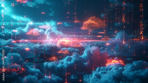 An abstract 3D representation of digital data flowing through a network of clouds, symbolizing the efficiency and scalability of cloud technology.