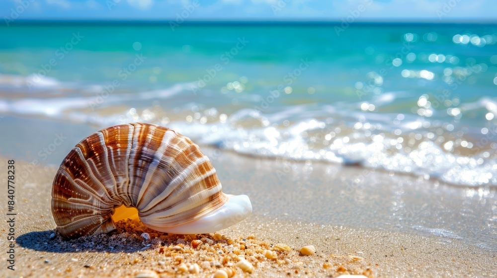 A close-up of a shell on the beach with the ocean as the background and a wave approaching the sand in the foreground A close-up of a shell on the beach with the ocean as the background and a wave approaching the sand in the foreground