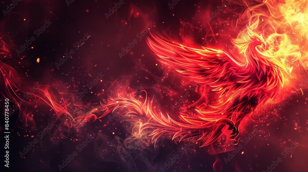 A red-and-yellow firebird flies against a black backdrop, wings expanded Red, yellow, and orange swirls surround it A red-and-yellow firebird flies against a black backdrop, wings expanded Red, yellow, and orange swirls surround it