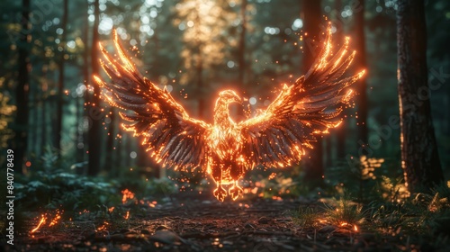  A bird flies through the forest, its wings ablaze with fire Trees encircle the scene, and a winding trail extends into the distance, illuminated by bright lights photo