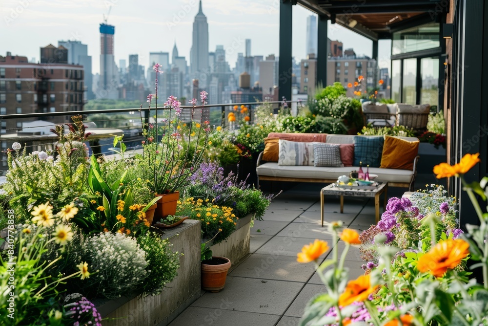 Urban Garden Oasis on Rooftop with Blooming Flowers, Herbs, and Cityscape View for Peaceful Retreat Urban Garden Oasis on Rooftop with Blooming Flowers, Herbs, and Cityscape View for Peaceful Retreat