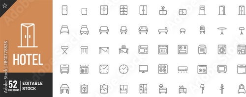 Editable Hotel motel applies line icon Set. Household goods, electronics and household appliances, clothingVector illustration. 