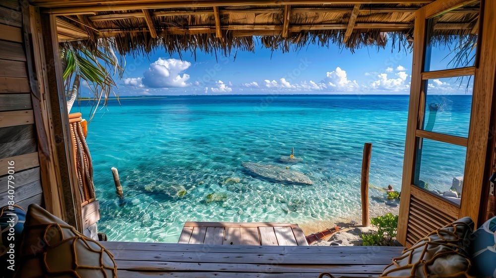 Fototapeta premium Scenic Ocean View from Beach Bungalow Interior
