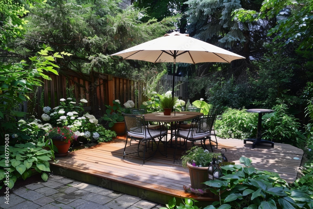 Stylish Garden Furniture Setup with Dining Table and Umbrella on Wooden Deck Amid Lush Greenery Stylish Garden Furniture Setup with Dining Table and Umbrella on Wooden Deck Amid Lush Greenery