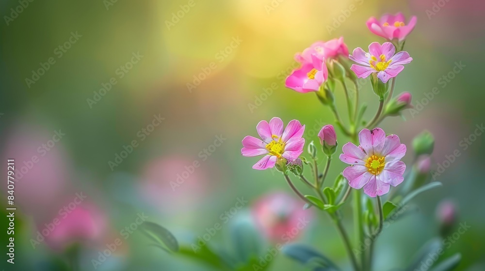 A field of pink flowers blooming, with a blurred foreground of pink and green blossoms, and a blurred background of predominantly green and yellow foliage A field of pink flowers blooming, with a blurred foreground of pink and green blossoms, and a blurred background of predominantly green and yellow foliage